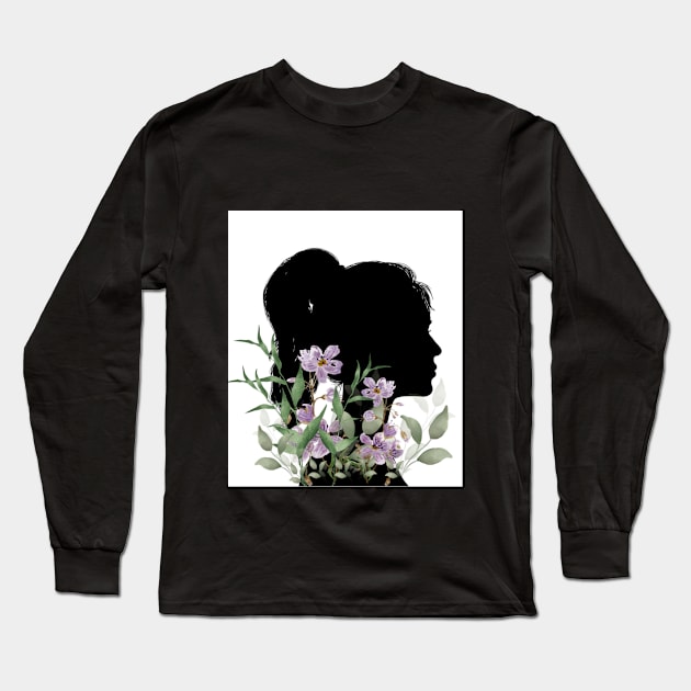 A girl silueth with watercolor flowers and leaves Long Sleeve T-Shirt by Nataliia1112